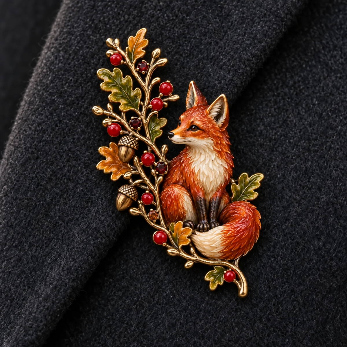 Autumn Woodland Fox 🦊 Oak & Berry Country Brooch