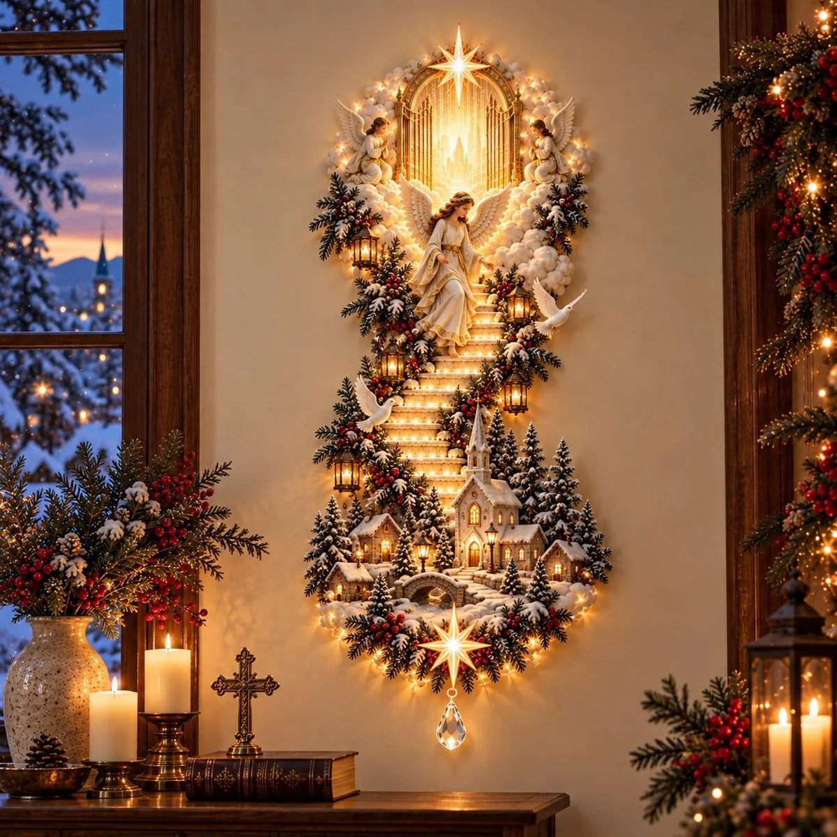 🙏✨ Jesus Light of Heaven Christmas Wall Hanging | Illuminated Nativity Stairway Decor ✝️(90 cm)