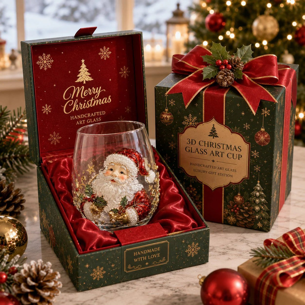 🎄3D Christmas Glass Art Cup | Luxury Raised Holiday Glassware for Drinks, Decor & Christmas Gifts 🎁