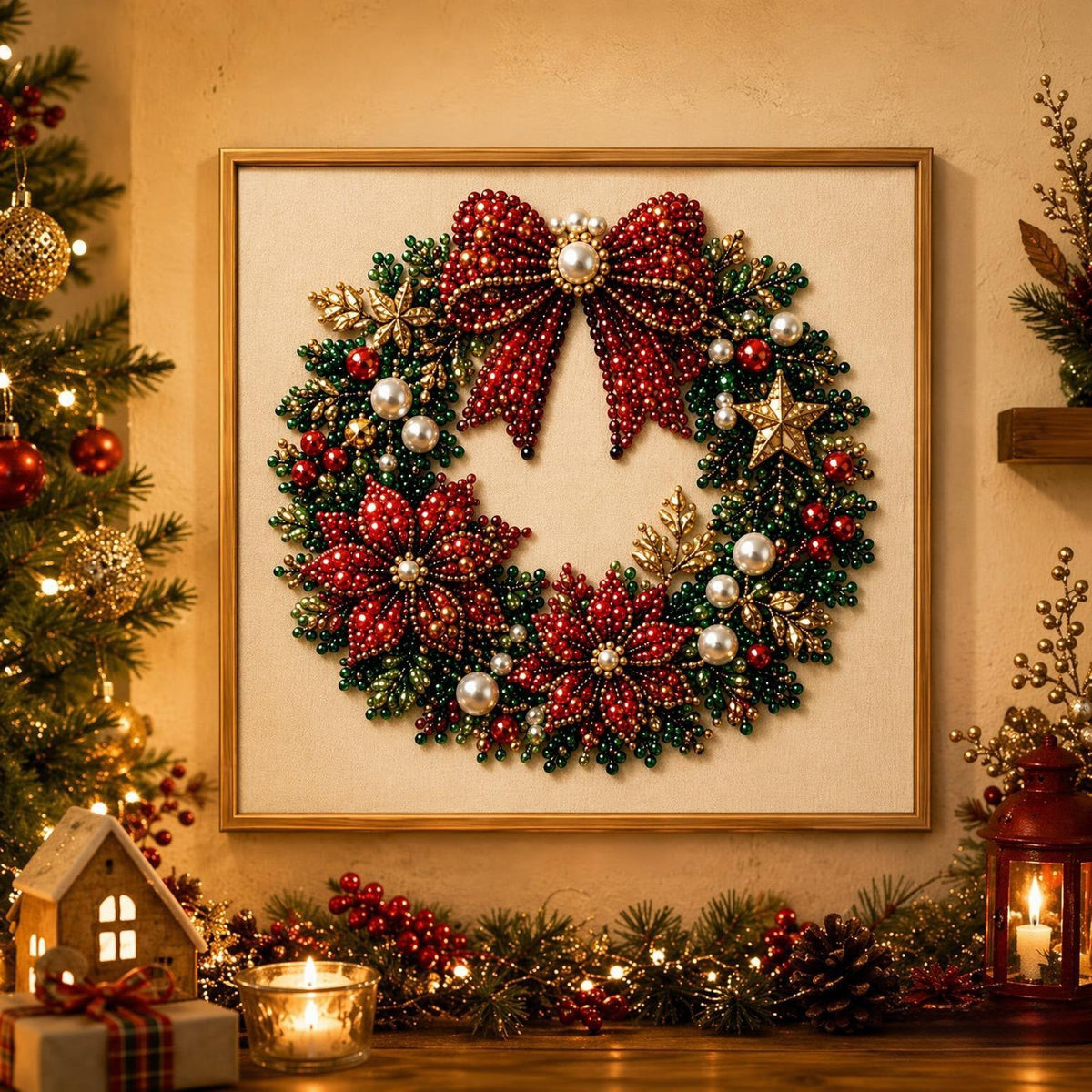 🎄Premium 3D Pearl Christmas Diamond Painting Art Kit | Luxury Flocked Canvas with Scratch-Resistant Non-Fading Pearl Beads DIY Holiday Decor