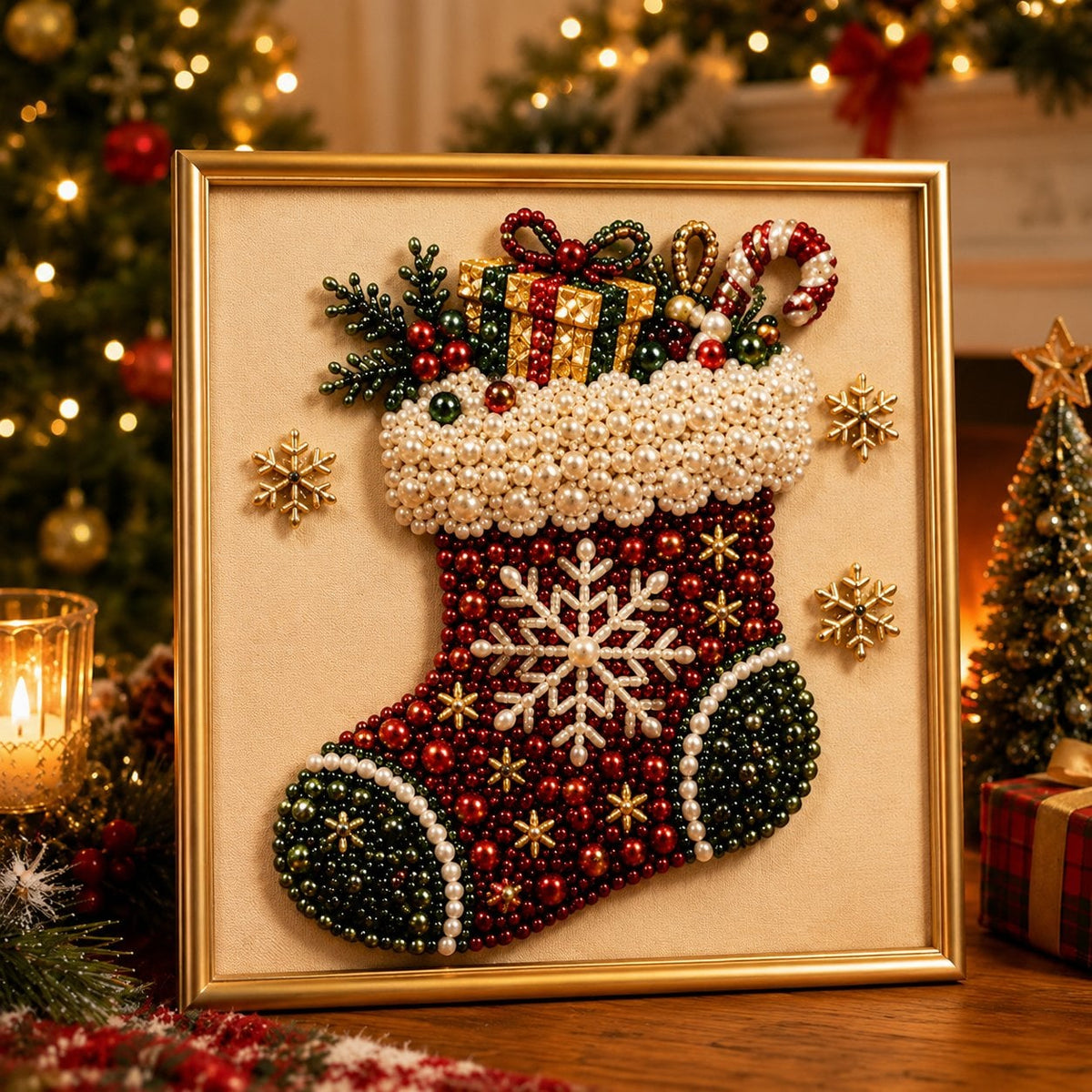 🎄Premium 3D Pearl Christmas Diamond Painting Art Kit | Luxury Flocked Canvas with Scratch-Resistant Non-Fading Pearl Beads DIY Holiday Decor