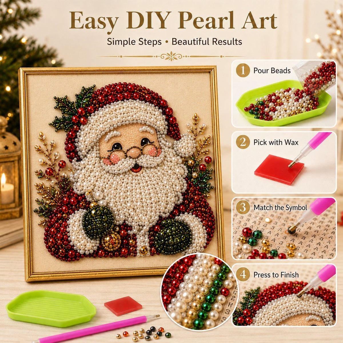 🎄Premium 3D Pearl Christmas Diamond Painting Art Kit | Luxury Flocked Canvas with Scratch-Resistant Non-Fading Pearl Beads DIY Holiday Decor