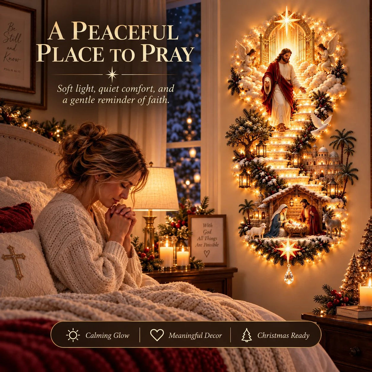 🙏✨ Jesus Light of Heaven Christmas Wall Hanging | Illuminated Nativity Stairway Decor ✝️(90 cm)