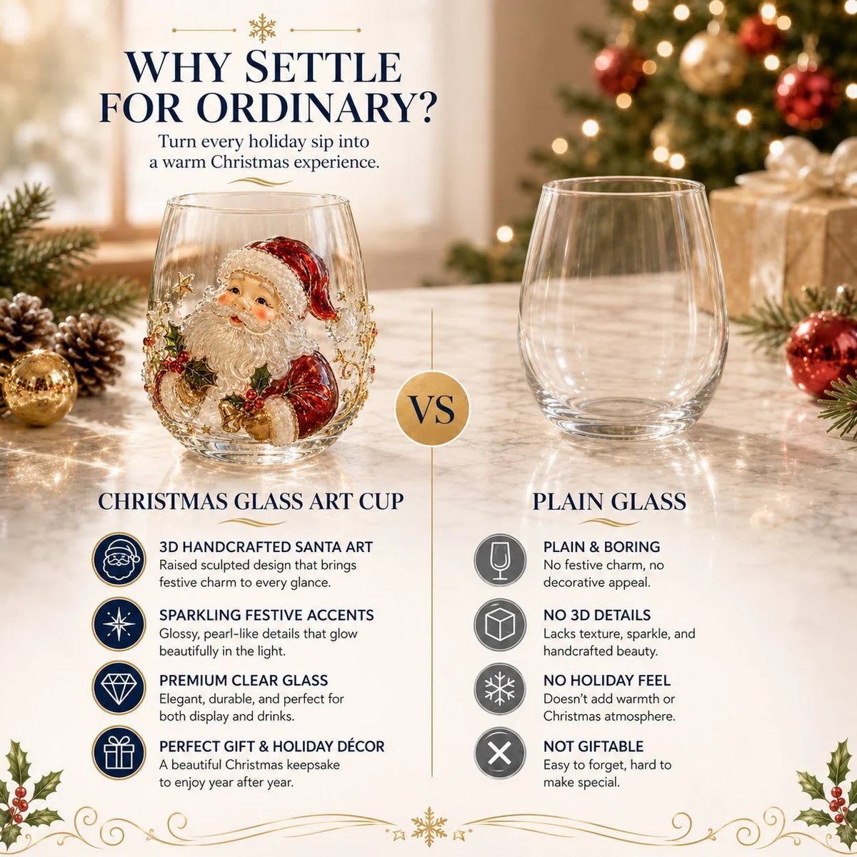🎄3D Christmas Glass Art Cup | Luxury Raised Holiday Glassware for Drinks, Decor & Christmas Gifts 🎁
