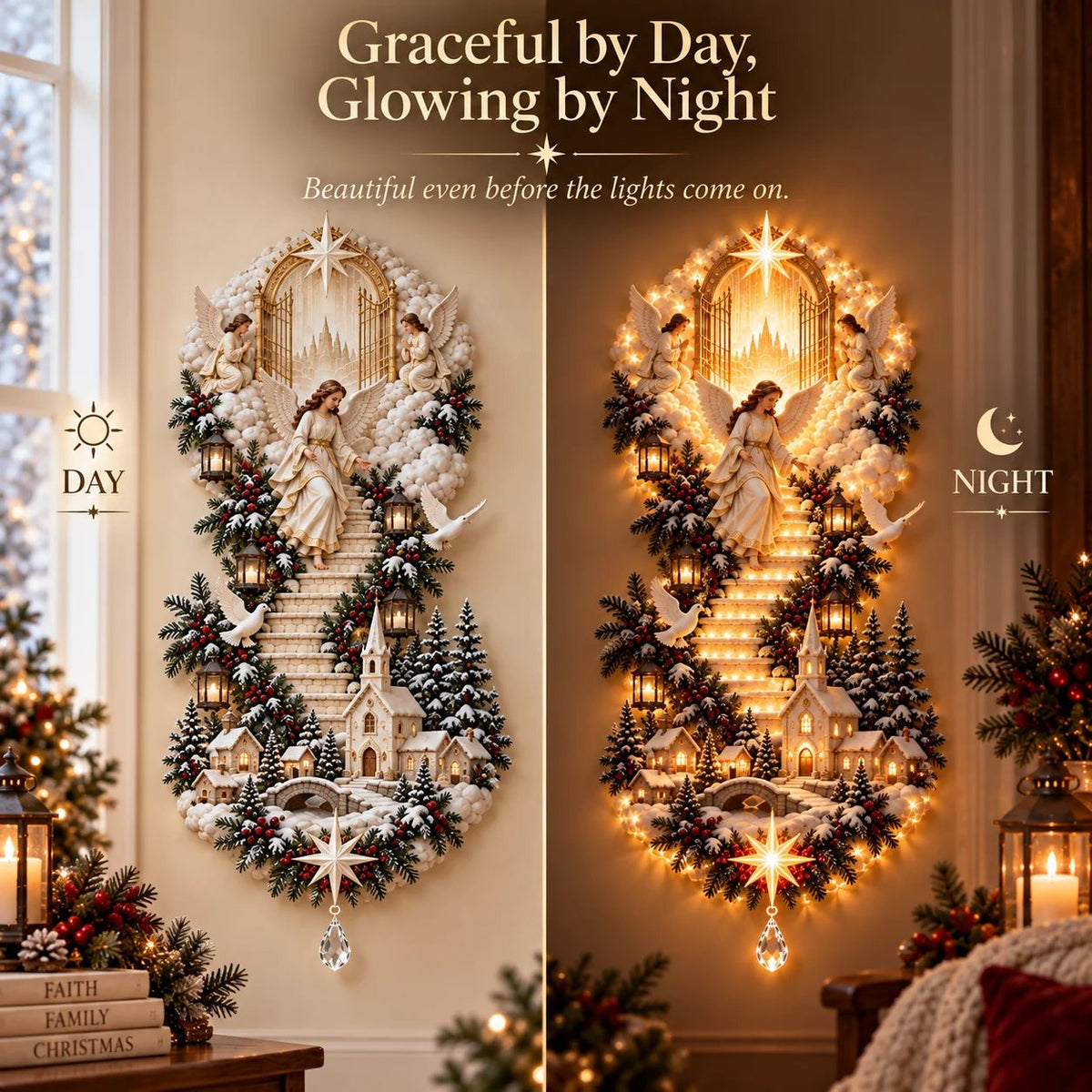 🙏✨ Jesus Light of Heaven Christmas Wall Hanging | Illuminated Nativity Stairway Decor ✝️(90 cm)