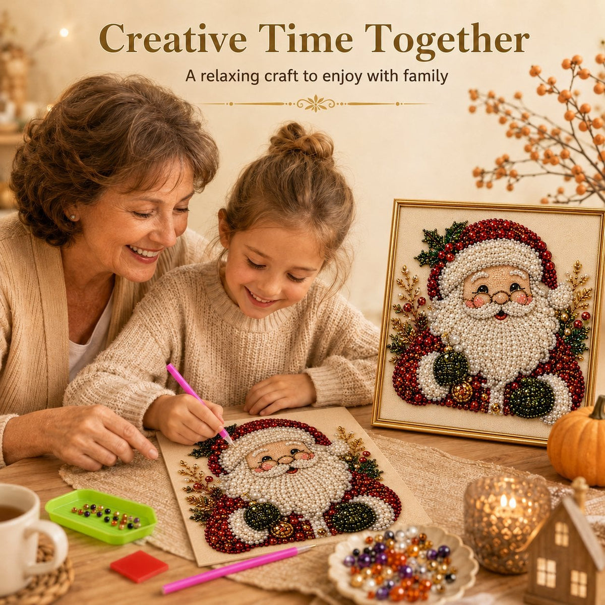 🎄Premium 3D Pearl Christmas Diamond Painting Art Kit | Luxury Flocked Canvas with Scratch-Resistant Non-Fading Pearl Beads DIY Holiday Decor