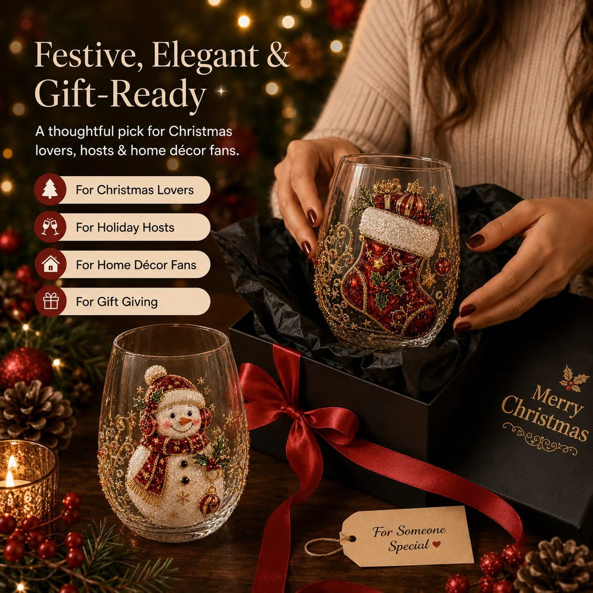 🎄3D Christmas Glass Art Cup | Luxury Raised Holiday Glassware for Drinks, Decor & Christmas Gifts 🎁