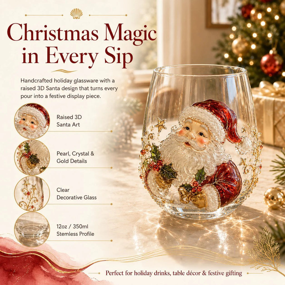 🎄3D Christmas Glass Art Cup | Luxury Raised Holiday Glassware for Drinks, Decor & Christmas Gifts 🎁