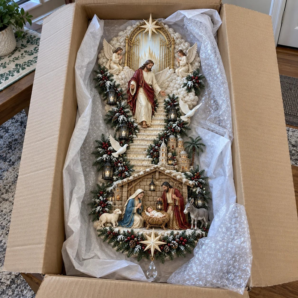 🙏✨ Jesus Light of Heaven Christmas Wall Hanging | Illuminated Nativity Stairway Decor ✝️(90 cm)