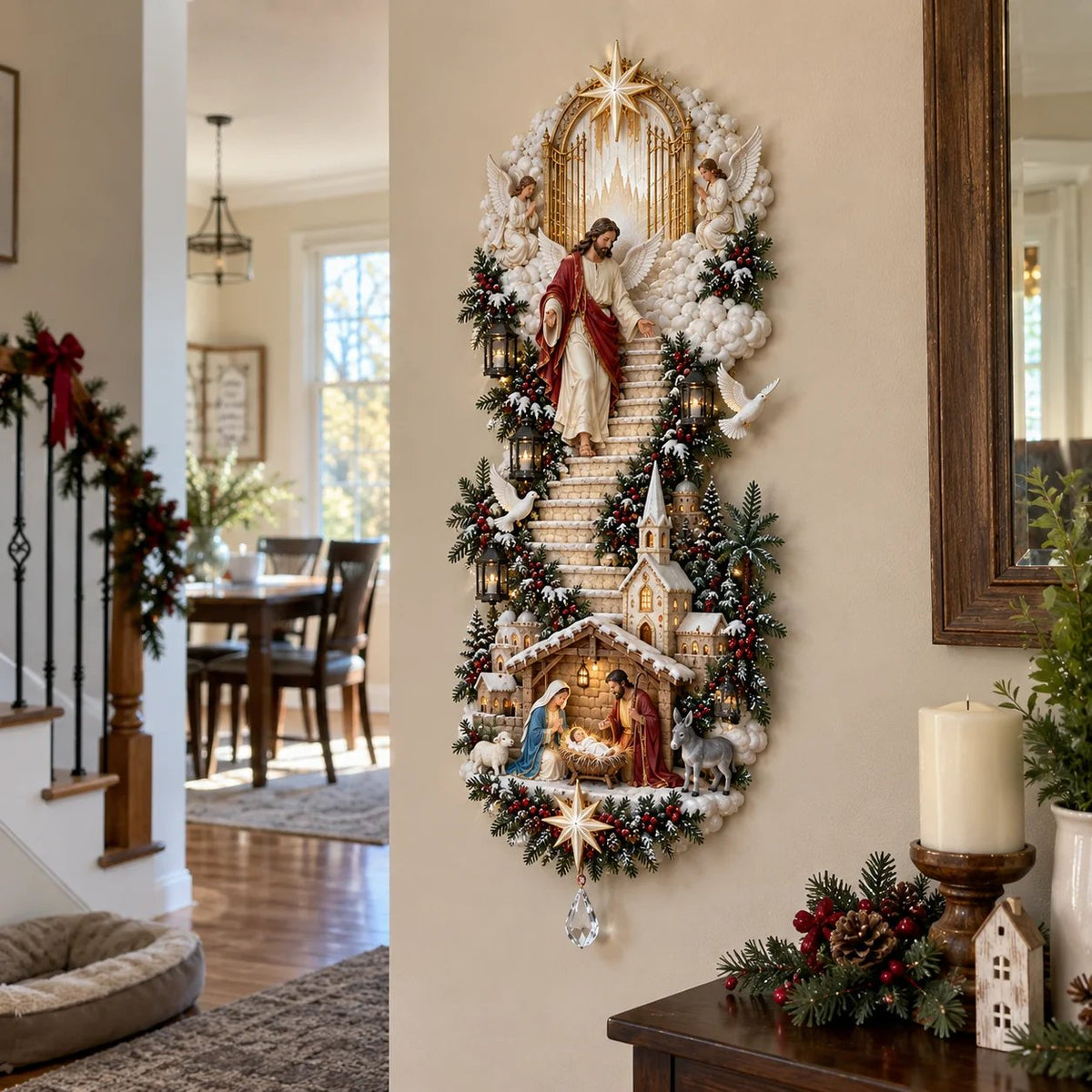 🙏✨ Jesus Light of Heaven Christmas Wall Hanging | Illuminated Nativity Stairway Decor ✝️(90 cm)