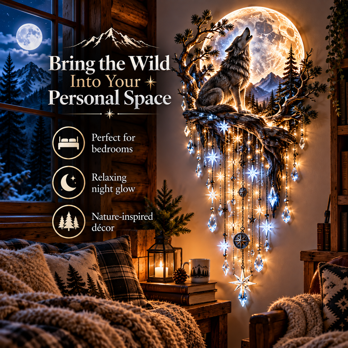 🐺🌕 Wolf Howling Moon Starfall Wall Light – Bring the Wild Home - 31.5- Inch