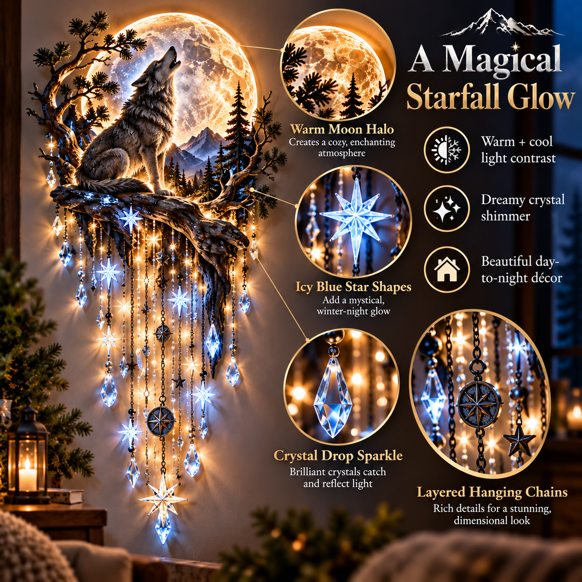 🐺🌕 Wolf Howling Moon Starfall Wall Light – Bring the Wild Home - 31.5- Inch