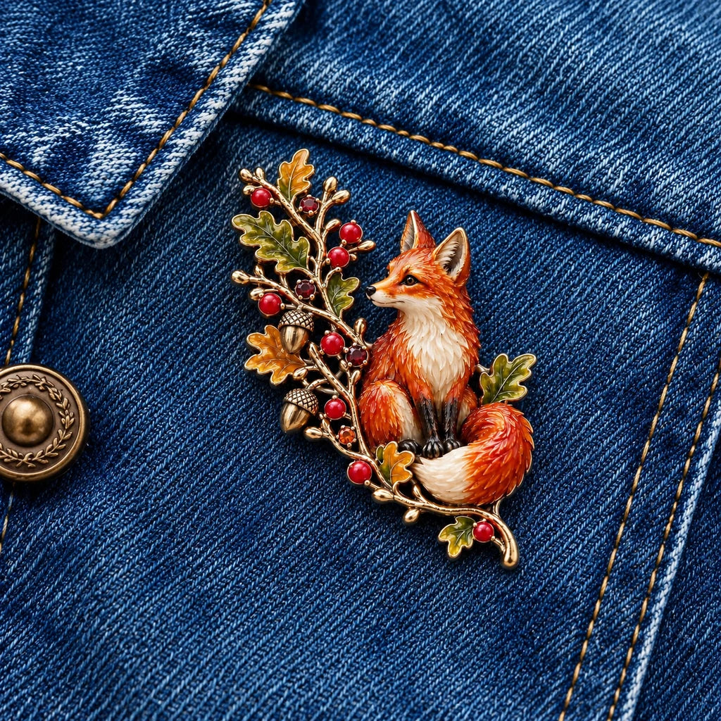 Autumn Woodland Fox 🦊 Oak & Berry Country Brooch