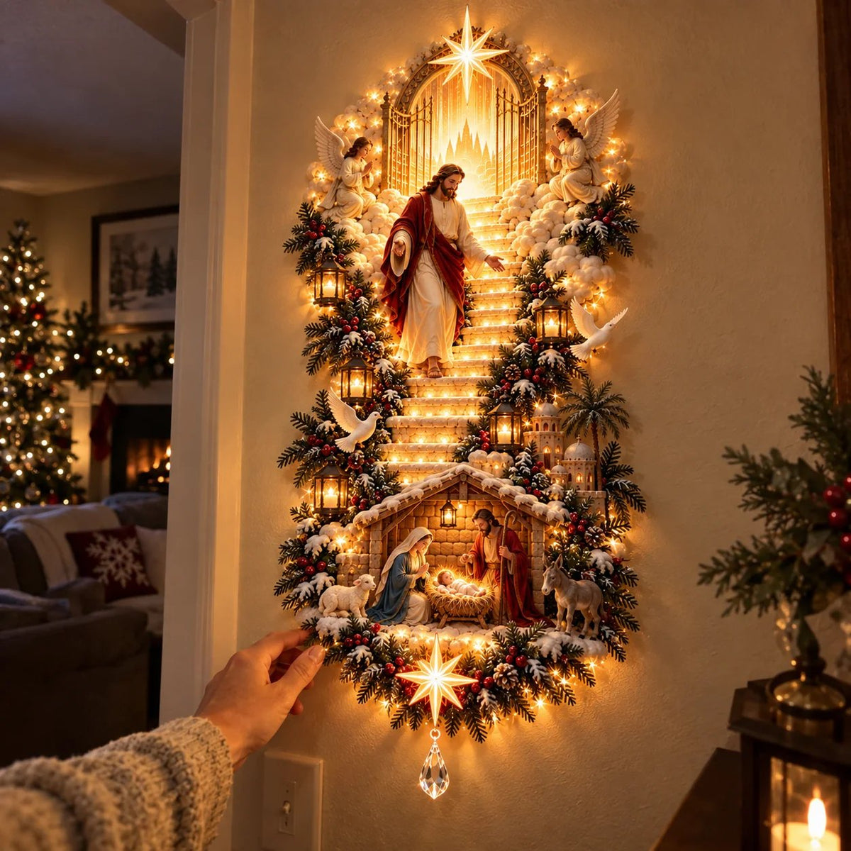 🙏✨ Jesus Light of Heaven Christmas Wall Hanging | Illuminated Nativity Stairway Decor ✝️(90 cm)