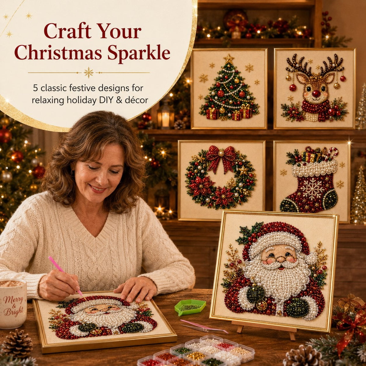 🎄Premium 3D Pearl Christmas Diamond Painting Art Kit | Luxury Flocked Canvas with Scratch-Resistant Non-Fading Pearl Beads DIY Holiday Decor