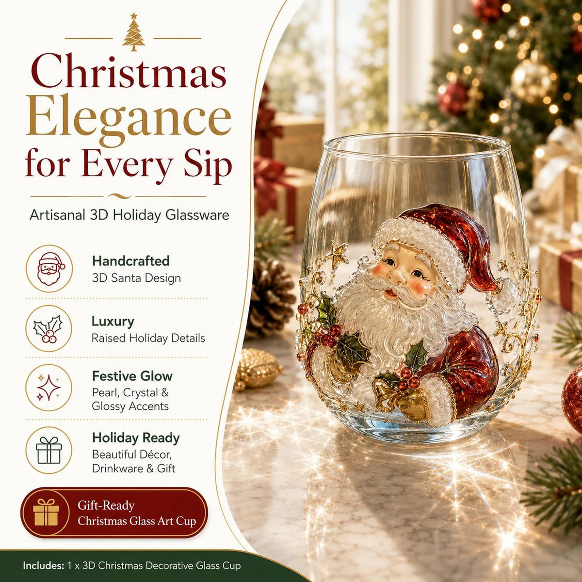 🎄3D Christmas Glass Art Cup | Luxury Raised Holiday Glassware for Drinks, Decor & Christmas Gifts 🎁