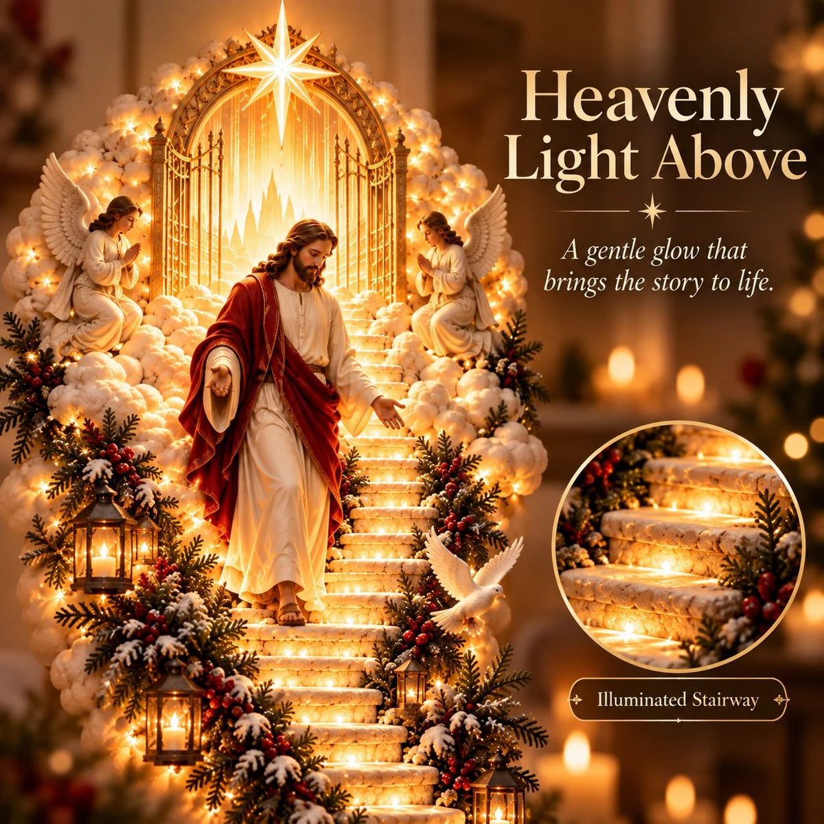 🙏✨ Jesus Light of Heaven Christmas Wall Hanging | Illuminated Nativity Stairway Decor ✝️(90 cm)