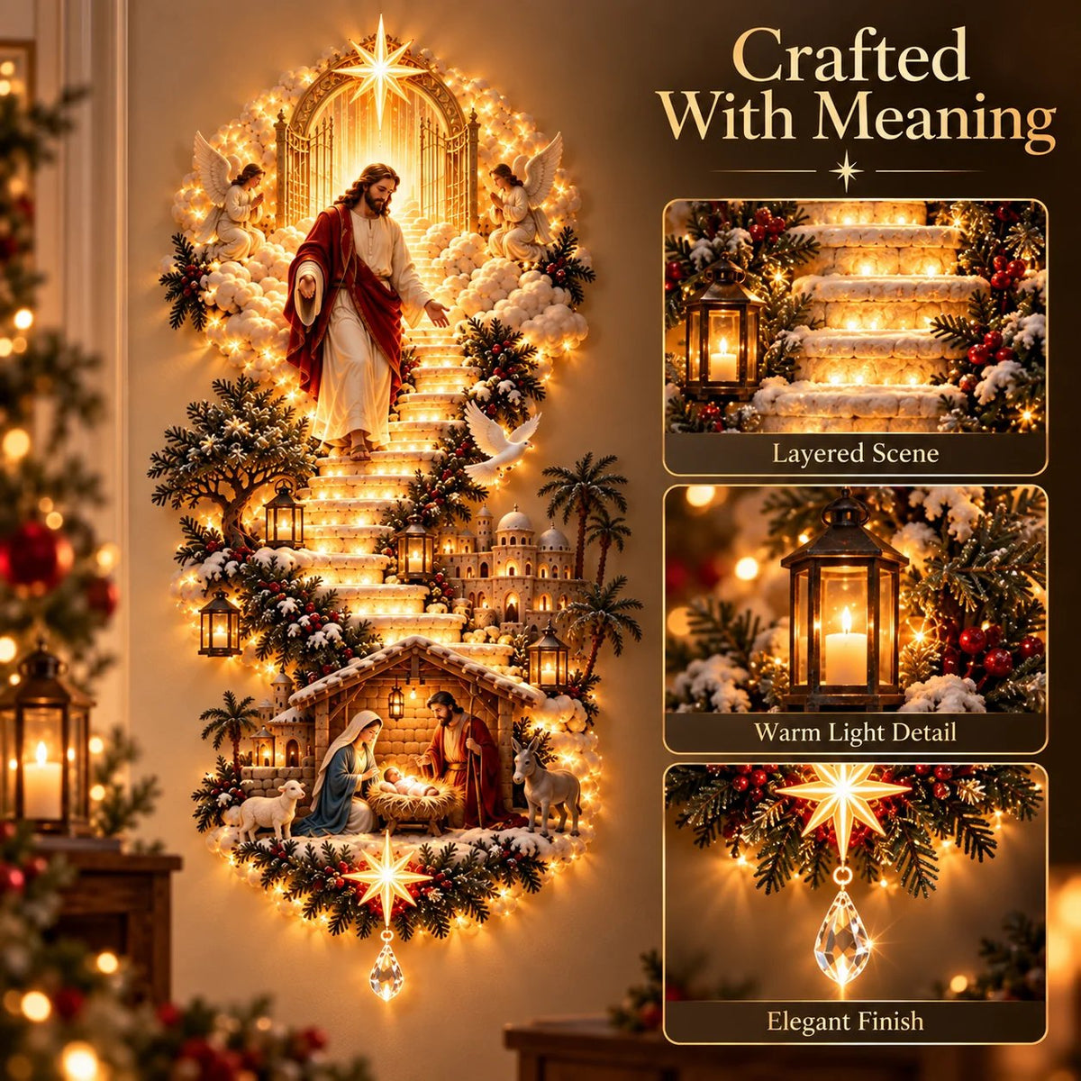 🙏✨ Jesus Light of Heaven Christmas Wall Hanging | Illuminated Nativity Stairway Decor ✝️(90 cm)