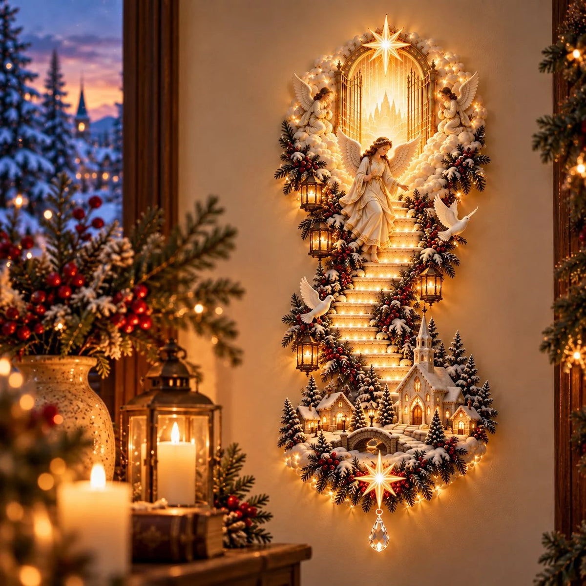 🙏✨ Jesus Light of Heaven Christmas Wall Hanging | Illuminated Nativity Stairway Decor ✝️(90 cm)