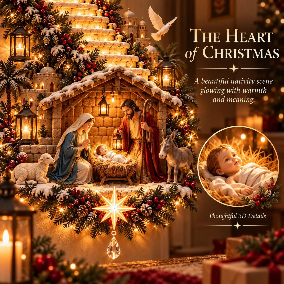 🙏✨ Jesus Light of Heaven Christmas Wall Hanging | Illuminated Nativity Stairway Decor ✝️(90 cm)
