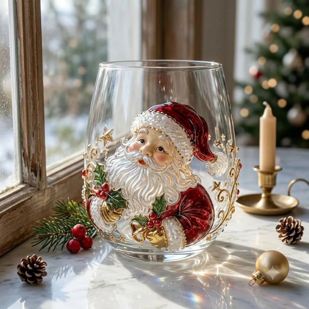 🎄3D Christmas Glass Art Cup | Luxury Raised Holiday Glassware for Drinks, Decor & Christmas Gifts 🎁