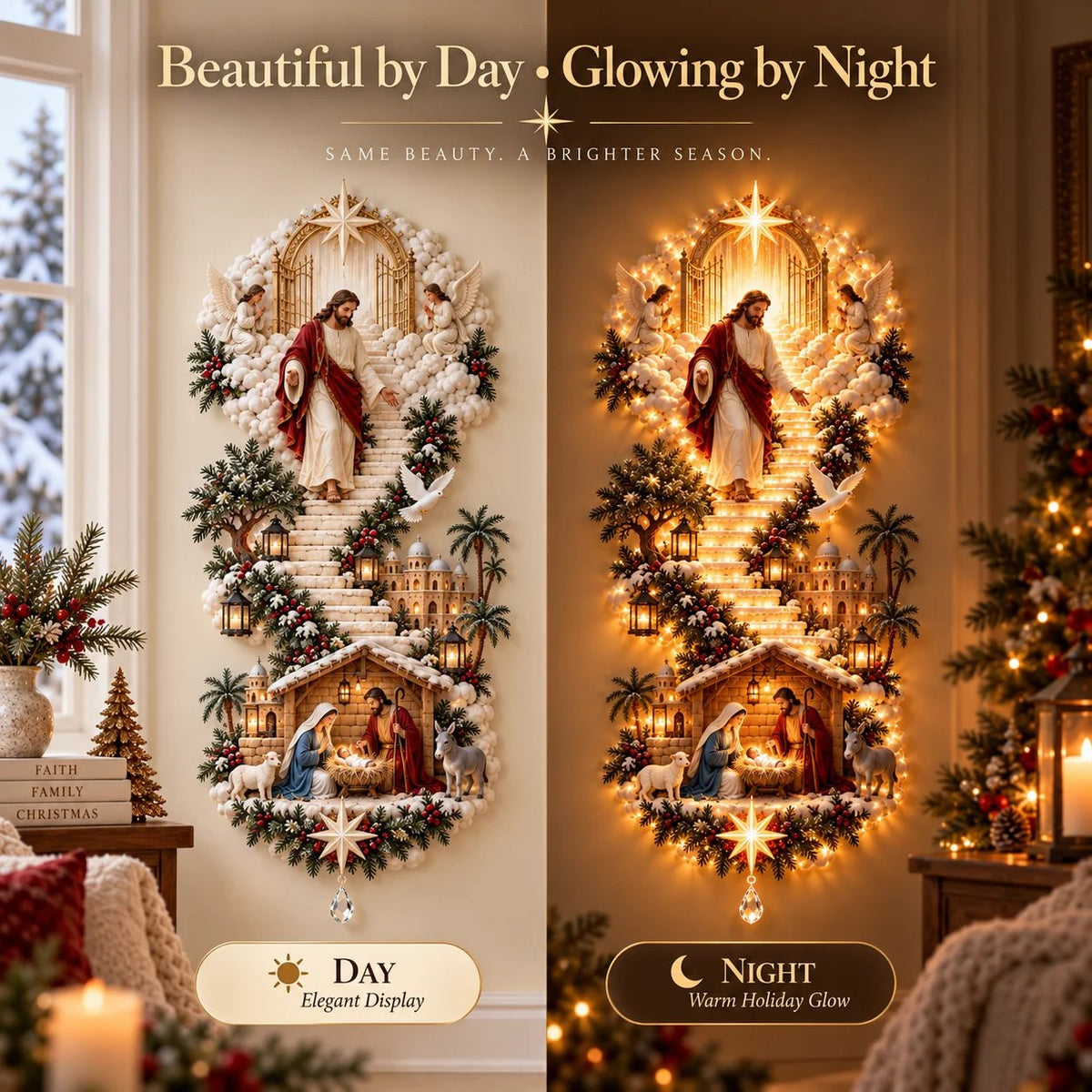 🙏✨ Jesus Light of Heaven Christmas Wall Hanging | Illuminated Nativity Stairway Decor ✝️(90 cm)